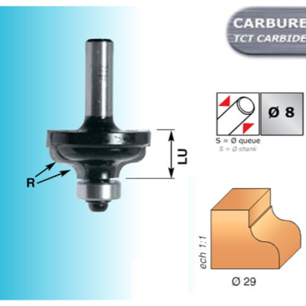 Mèche profil pour moulures décoratives carbure 2 coupes avec guide à billes, Queue de 8 Ø 29 LU 13 Leman